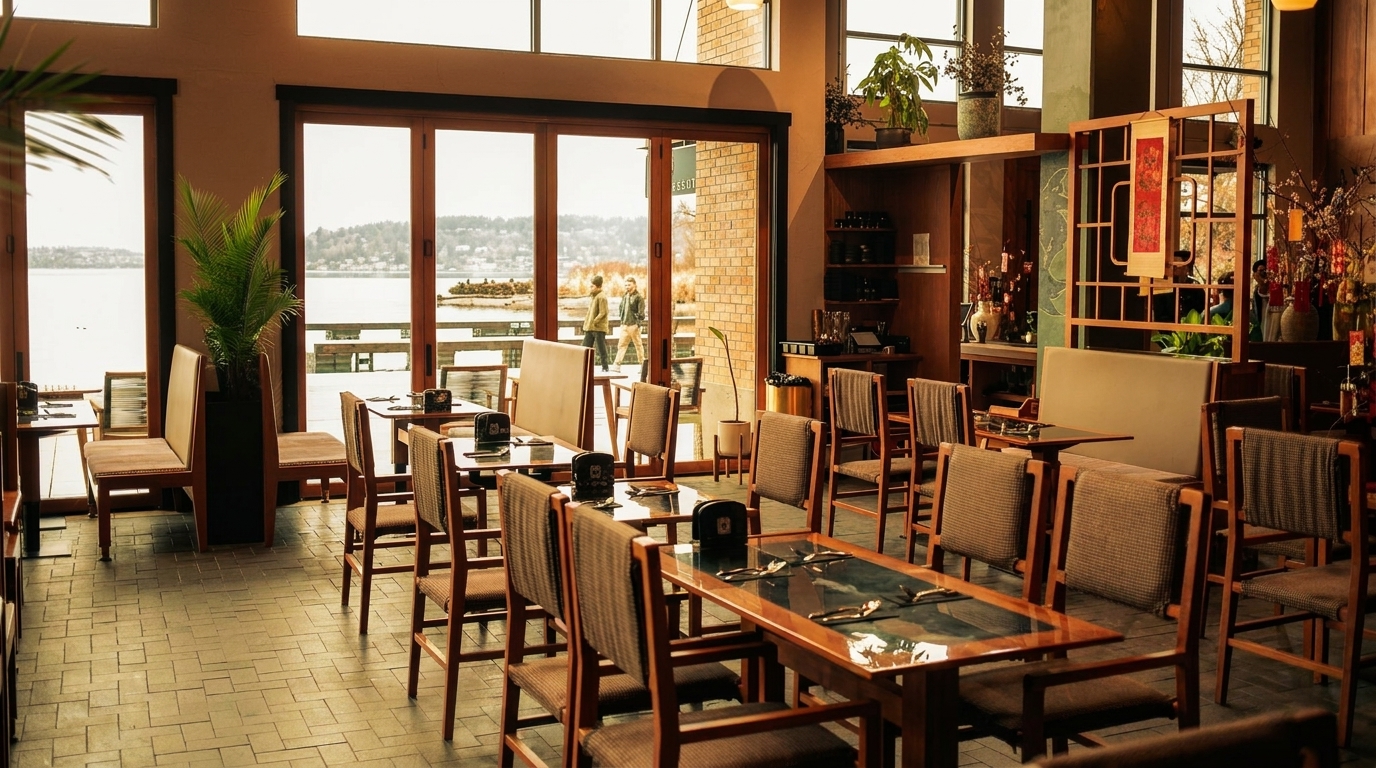 Restaurant dining room with wooden tables and chairs, large windows overlooking a lake.