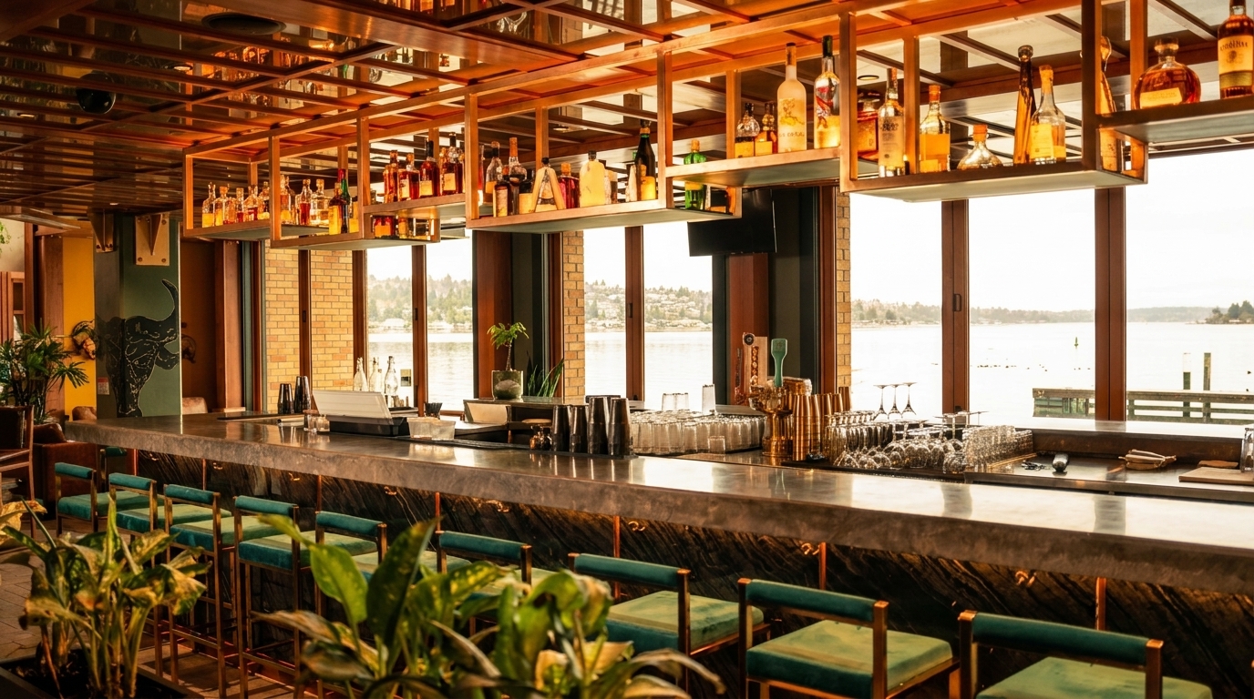 A modern bar with a view of a lake, featuring a long counter, bar stools, and liquor bottles.