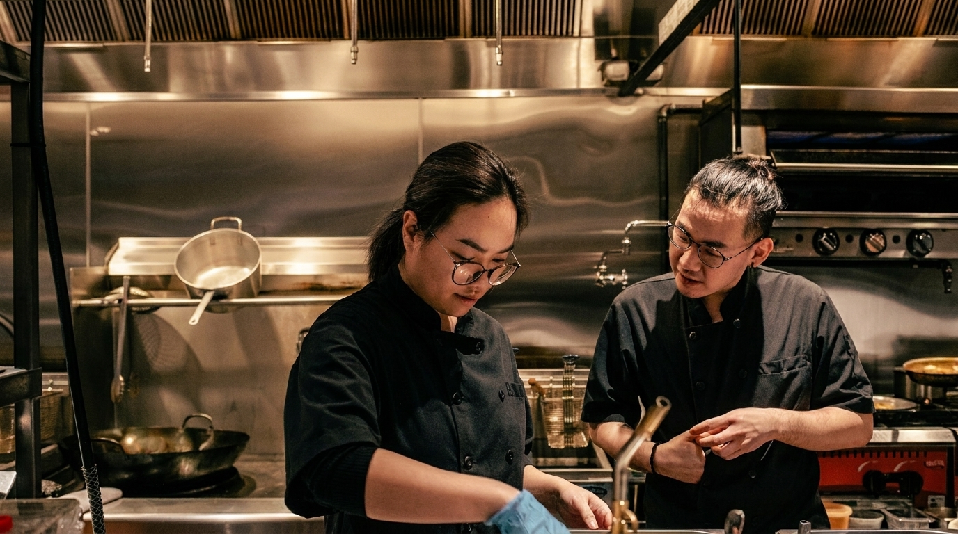 Two chefs in black uniforms working in a busy, stainless steel kitchen.