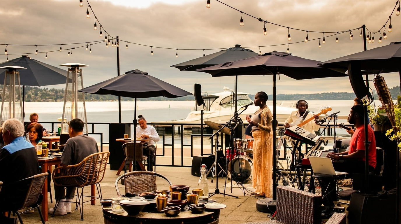 Outdoor restaurant patio with live band, diners, string lights, and lake view with boats.