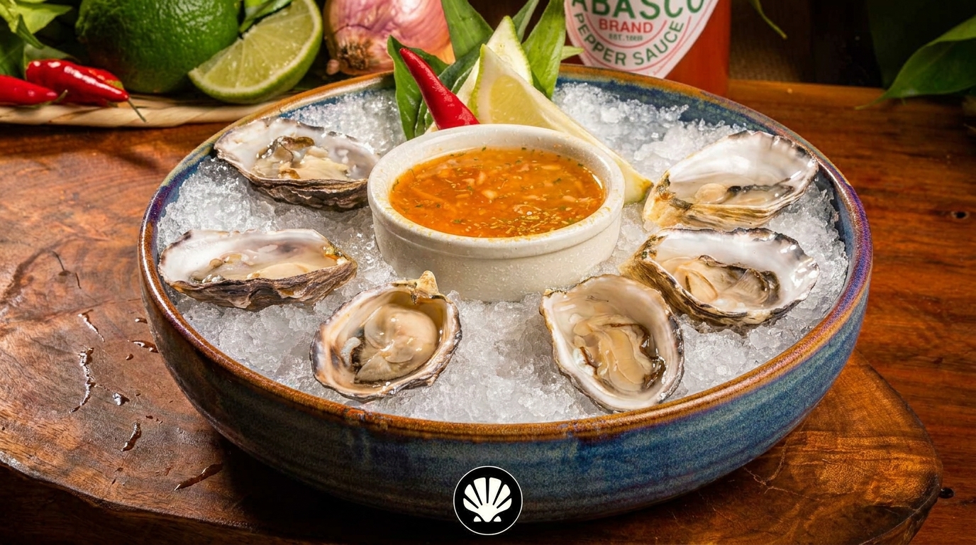 Six fresh oysters on a bed of ice with a dipping sauce, lime, and chili peppers.