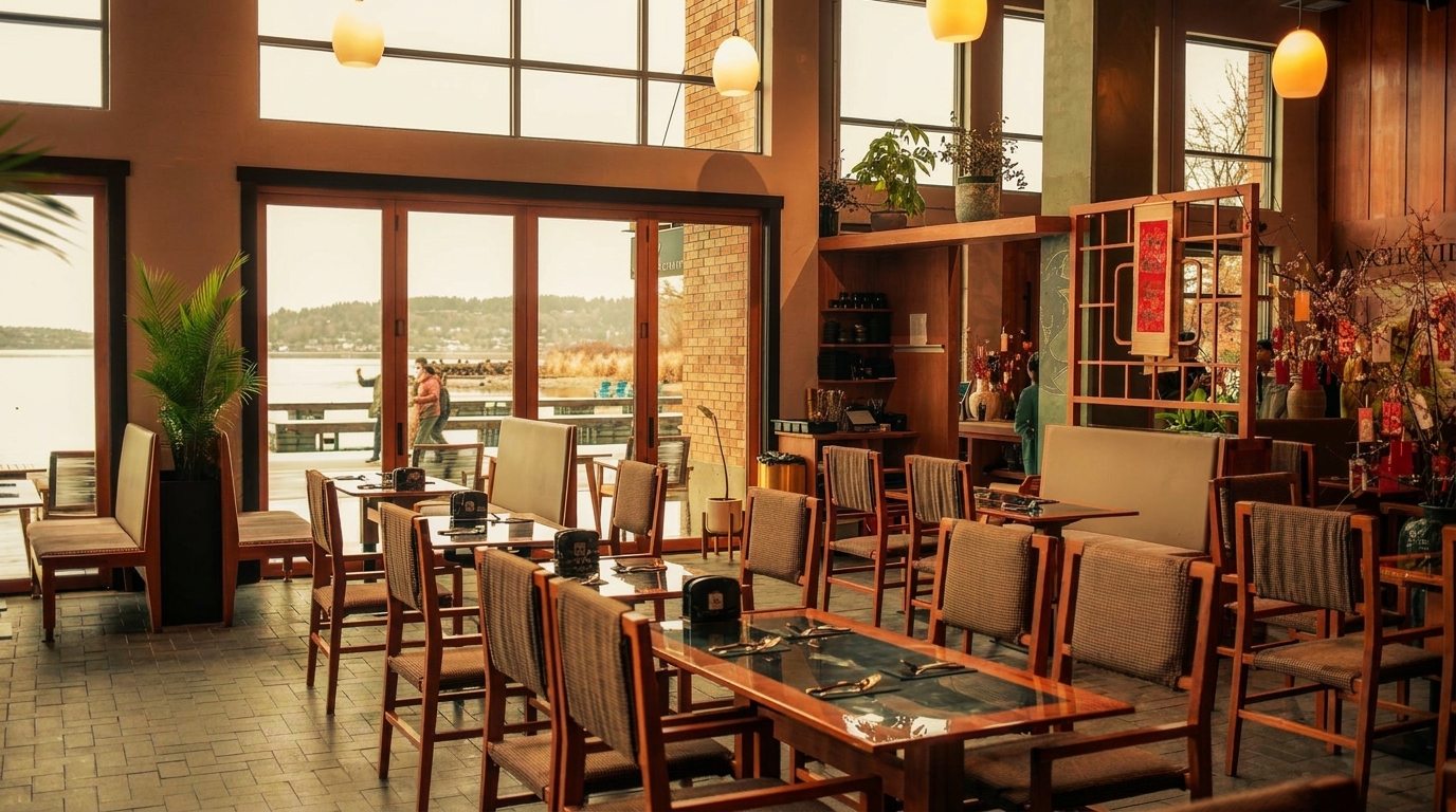 An empty restaurant dining room with wooden tables and chairs, large windows overlooking a body of water.