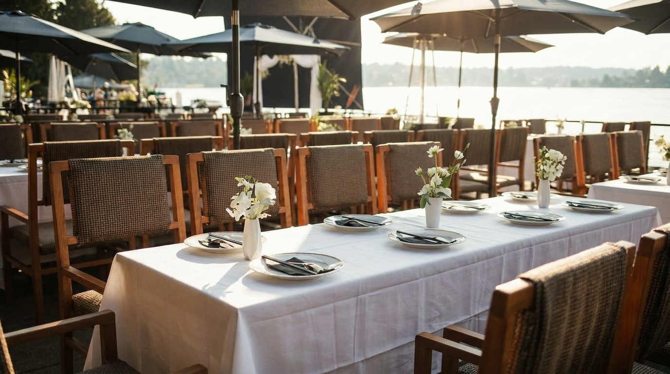 Outdoor dining area with white-clothed tables, chairs, umbrellas, and a lake view at sunset.