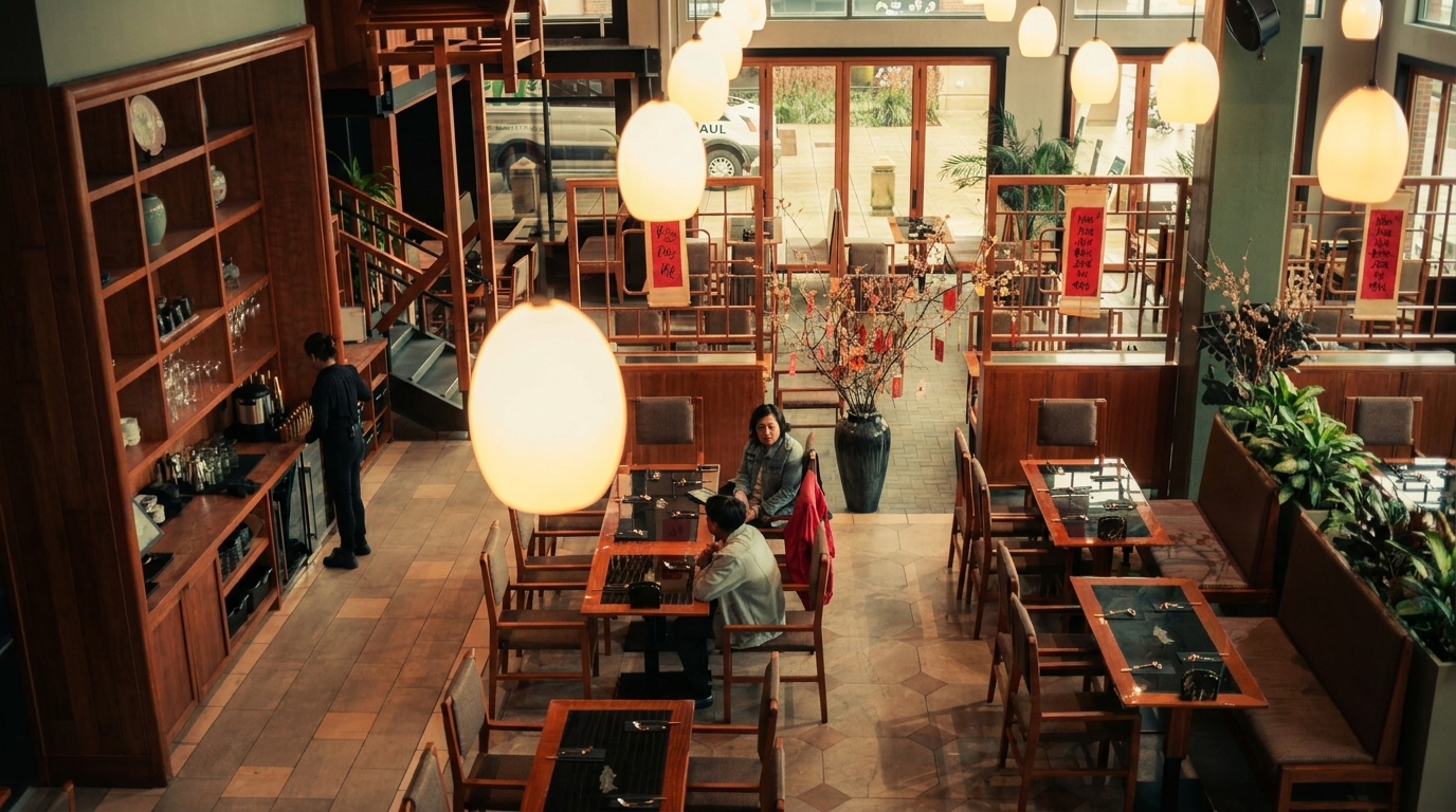 Overhead view of a restaurant interior with patrons, a server, and warm lighting.