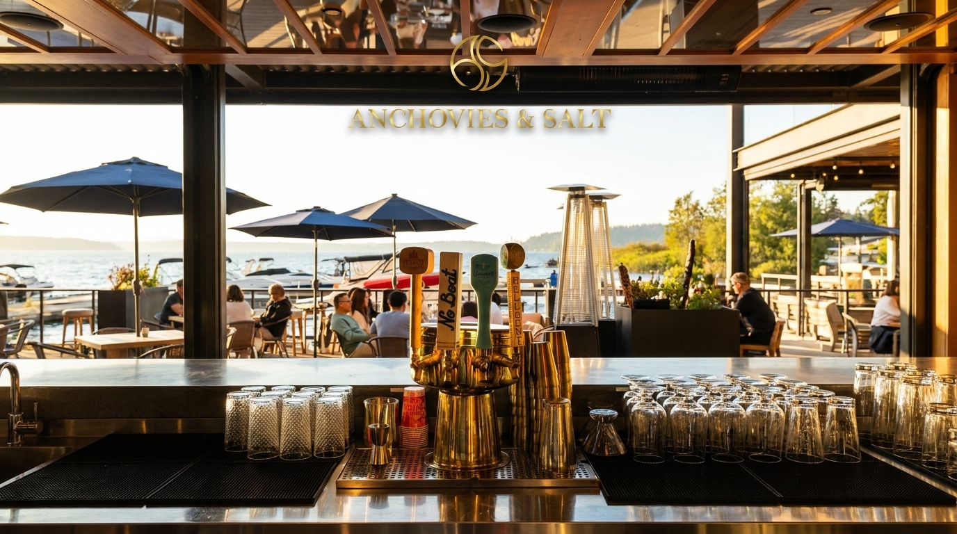 Anchovies & Salt restaurant bar with beer taps, glasses, and outdoor patio seating by the water.