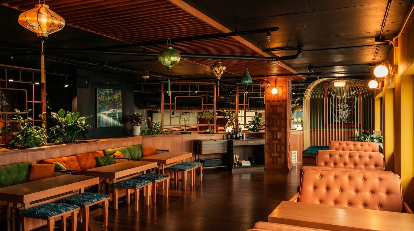 A restaurant interior with wooden tables, orange and green cushioned benches, and hanging lanterns.