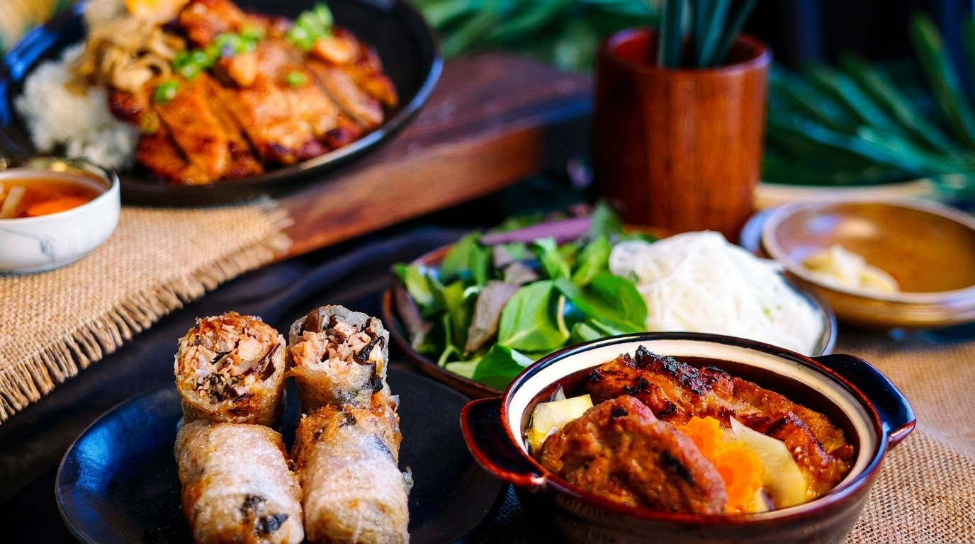 A vibrant spread of Vietnamese dishes, including grilled meats, spring rolls, and fresh herbs.