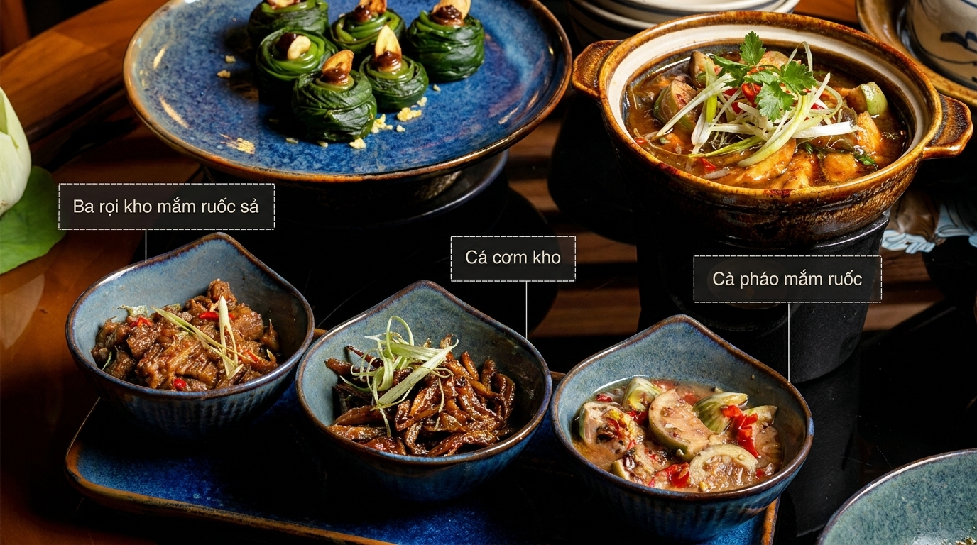 A variety of Vietnamese dishes, including meat, fish, and vegetables, served in blue ceramic bowls.