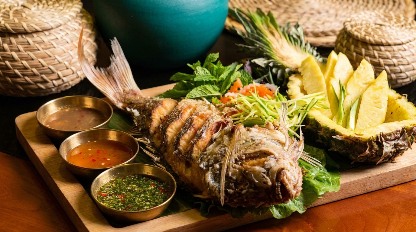 Crispy fried whole fish with three dipping sauces, pineapple, and herbs on a wooden board.