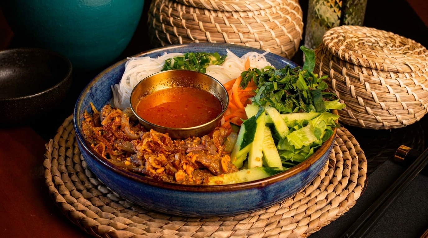 A colorful Vietnamese noodle bowl with meat, vegetables, and sauce on a woven placemat.