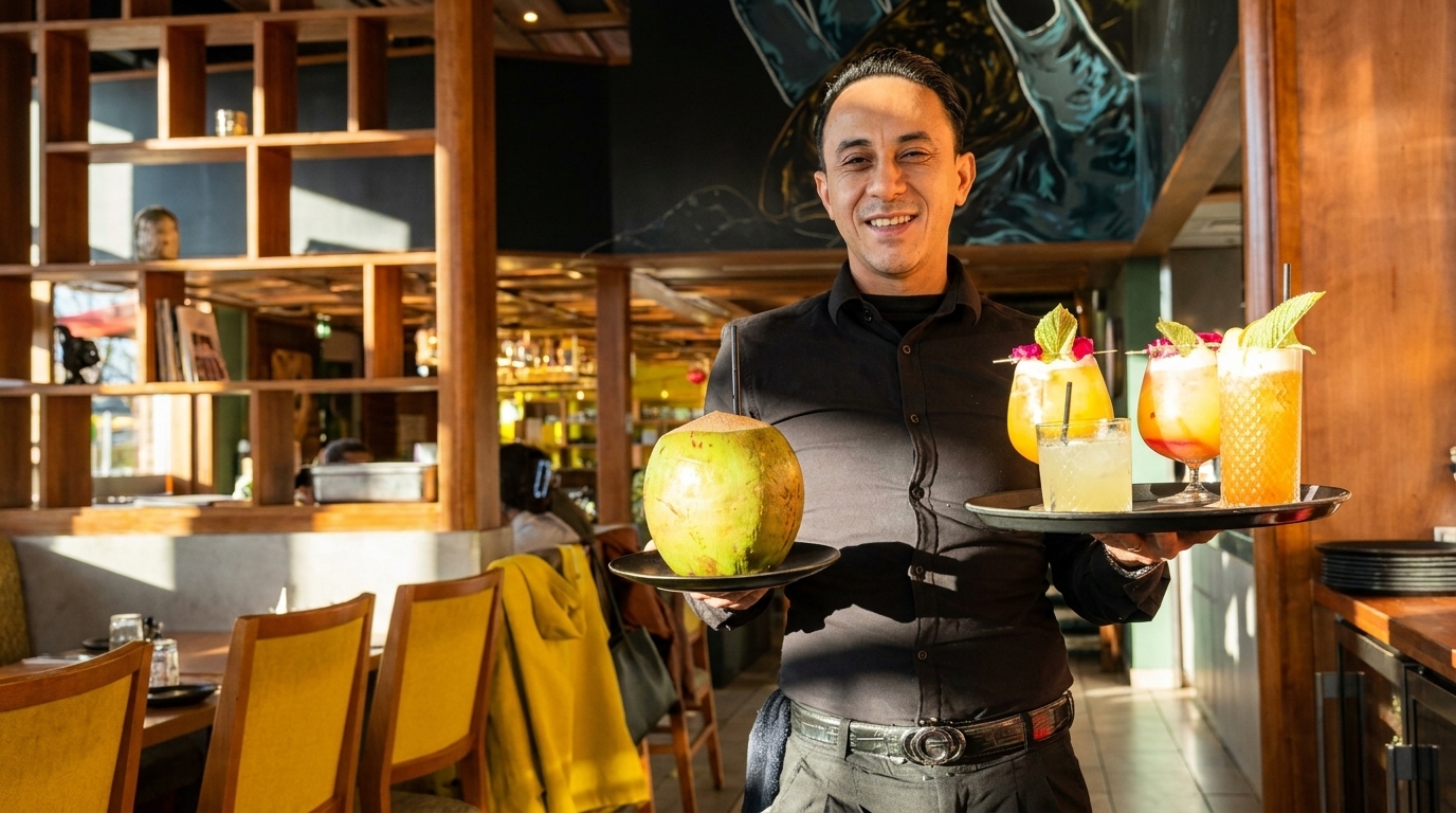 Smiling waiter holding a tray with a fresh coconut and four colorful cocktails in a restaurant.