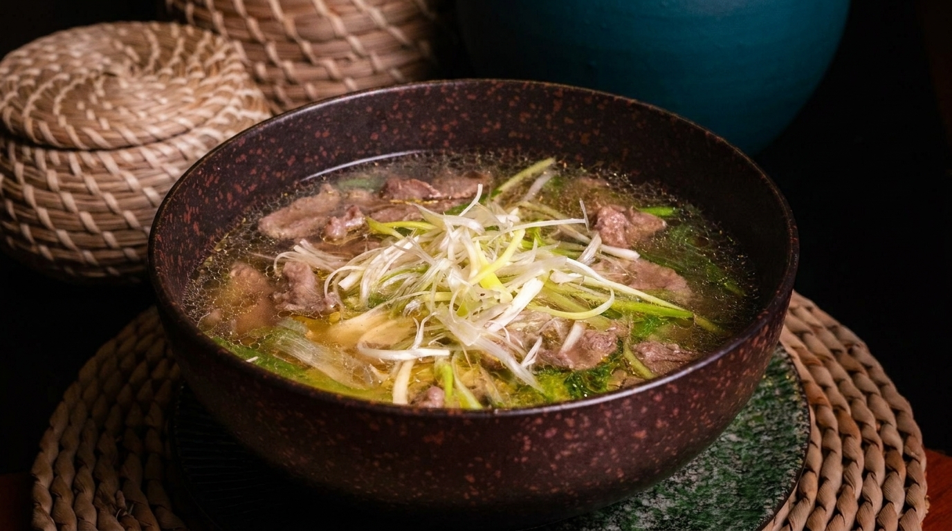 A dark bowl of beef soup with green onions and herbs, on a woven placemat.