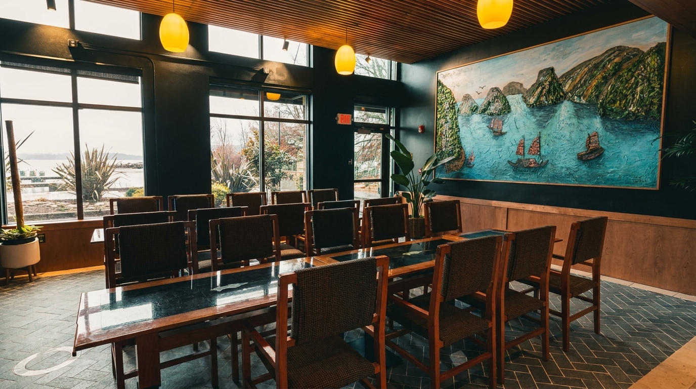 A long dining table with chairs in a restaurant, featuring a large seascape painting and window views.