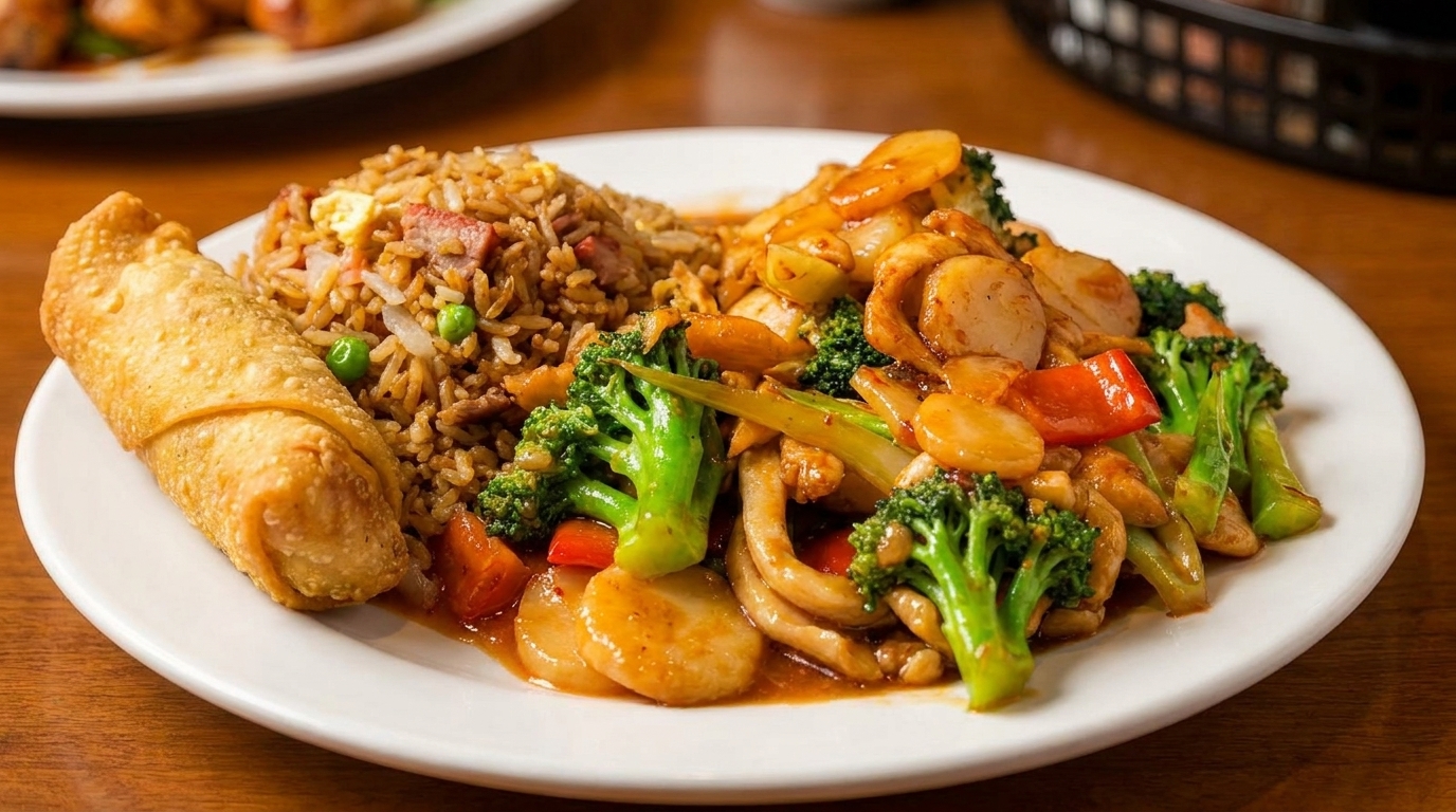A white plate holds an egg roll, fried rice, and stir-fried chicken with broccoli and water chestnuts.