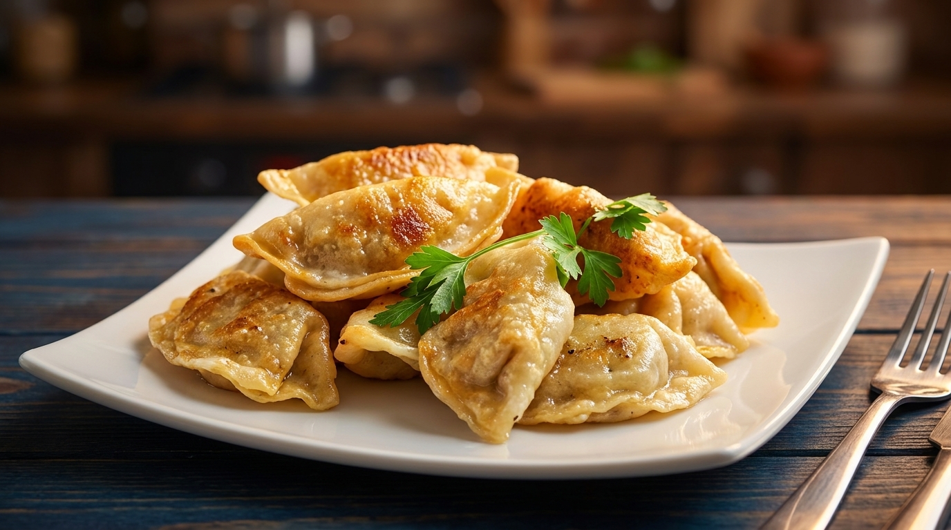 Golden-brown pierogi garnished with fresh parsley on a white plate, with a fork and knife nearby.
