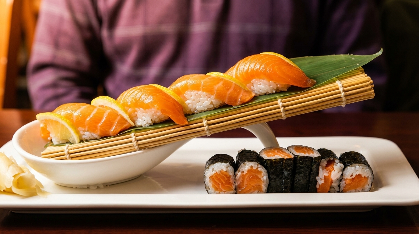 Salmon nigiri with lemon slices and maki rolls on a white plate with a person in the background.