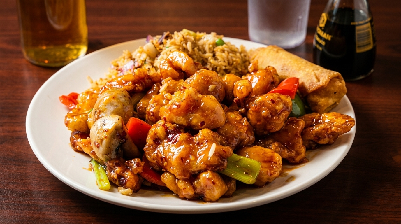 A plate of orange chicken, fried rice, and an egg roll, with a beer and soy sauce.