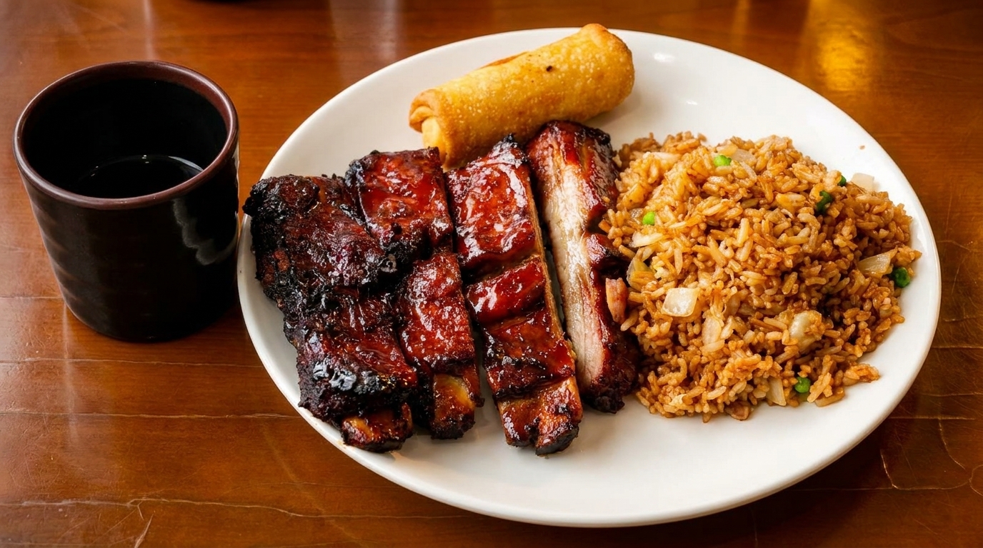Plate of BBQ ribs, fried rice, and an egg roll, with a cup of tea on a wooden table.