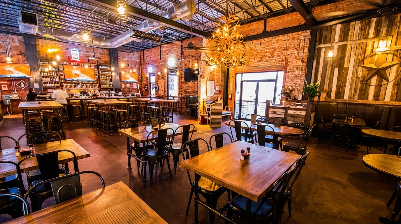 Spacious restaurant interior with brick walls, wooden tables, metal chairs, and a large bar area.