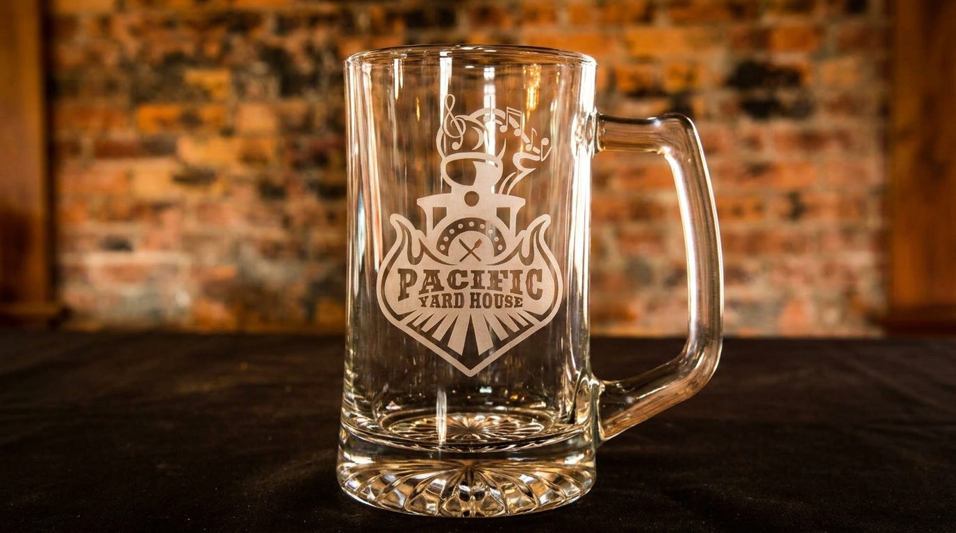 Clear glass beer mug with the "Pacific Yard House" logo on a dark surface with a brick wall.