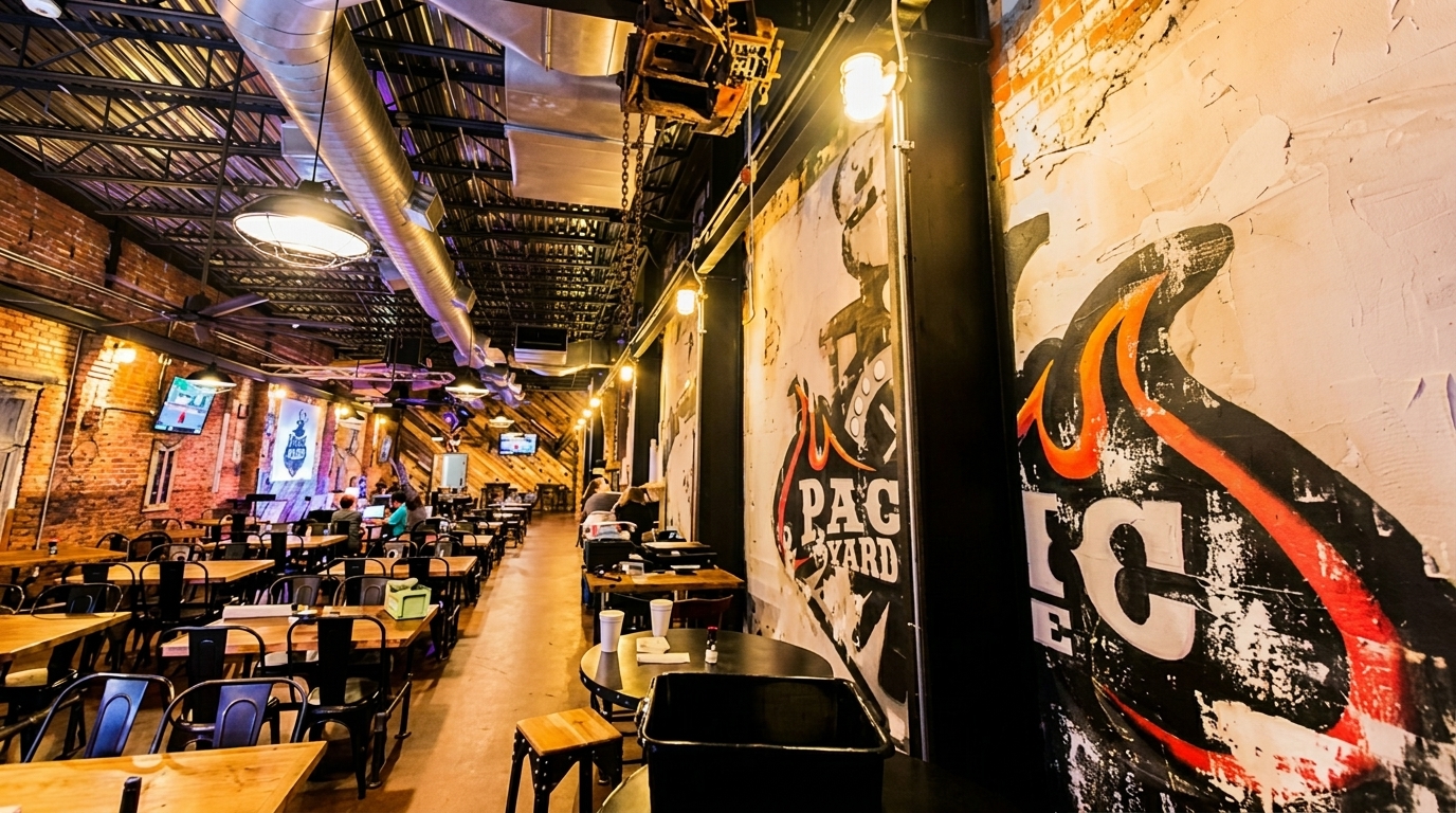Spacious, industrial-style restaurant interior with exposed brick, ductwork, and large "PAC YARD" wall art.