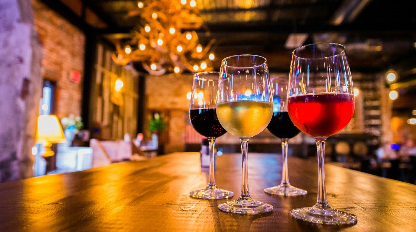 Four wine glasses with red, white, and rosé wine on a wooden bar in a dimly lit restaurant.