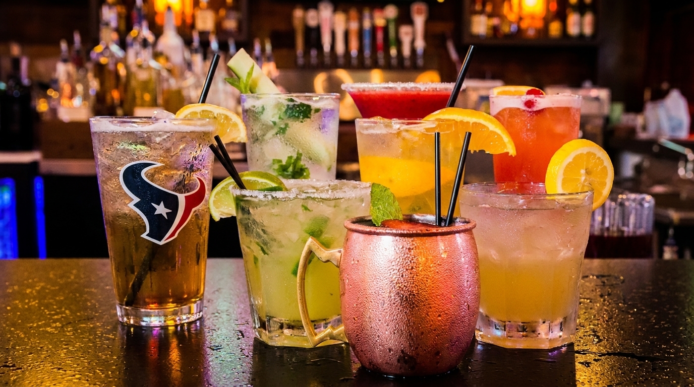 A variety of colorful cocktails, including one with a Houston Texans logo, on a wet bar top.