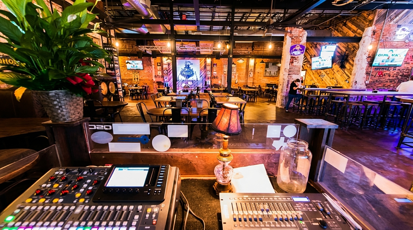 A wide shot of a rustic-industrial restaurant interior with exposed brick, wooden tables, and a bar area.