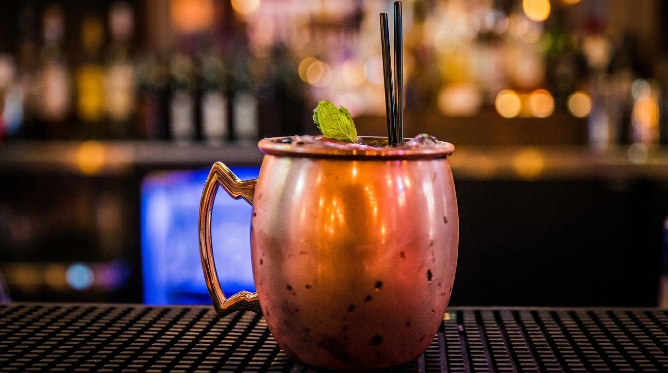 A copper mug cocktail with mint and two black straws sits on a bar counter.