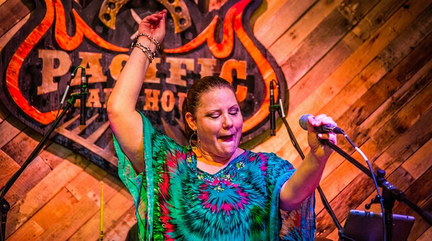A female singer in a tie-dye shirt performs on stage with a microphone.