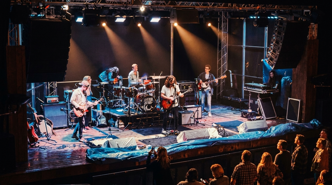 A band performs on a brightly lit stage for an audience at a music venue.