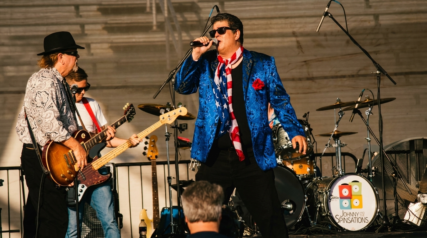 A band performs on stage, with the lead singer in a blue jacket and American flag scarf.