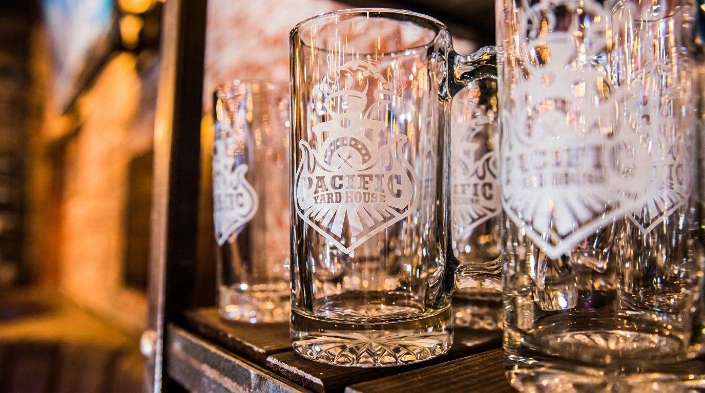 Close-up of clear glass mugs with the "Pacific Yard House" logo etched on them.