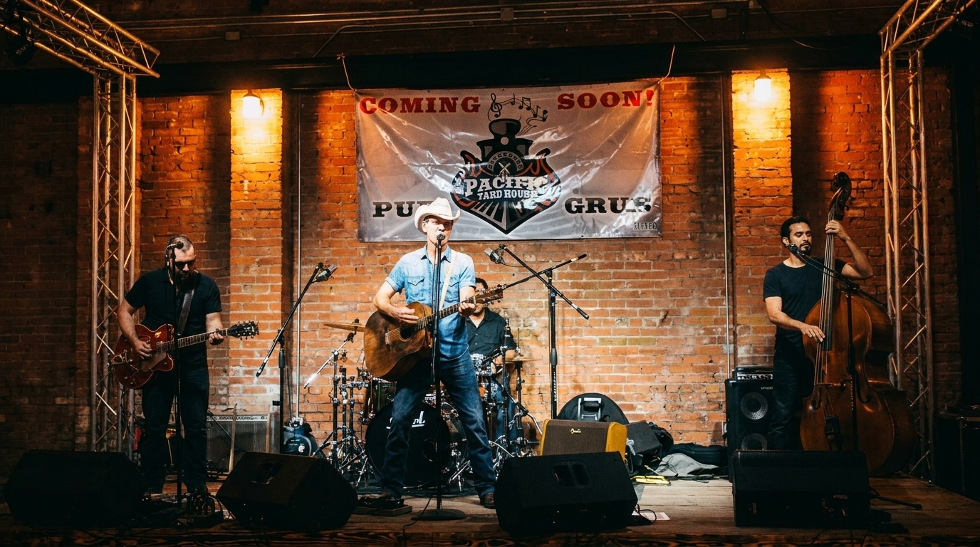 A band performs on stage with a lead singer, guitarist, drummer, and bassist against a brick wall.