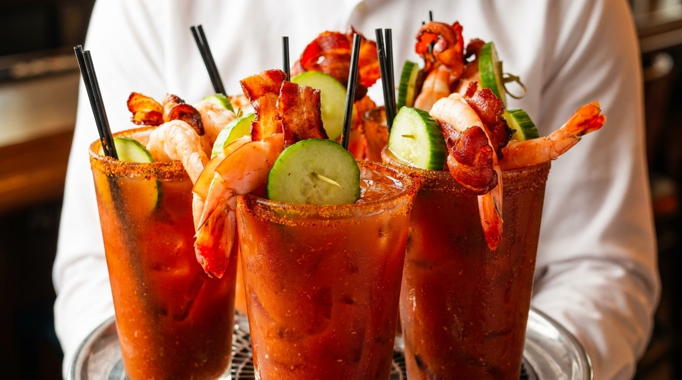 A server holds a tray of Bloody Mary cocktails garnished with shrimp, bacon, and cucumber slices.