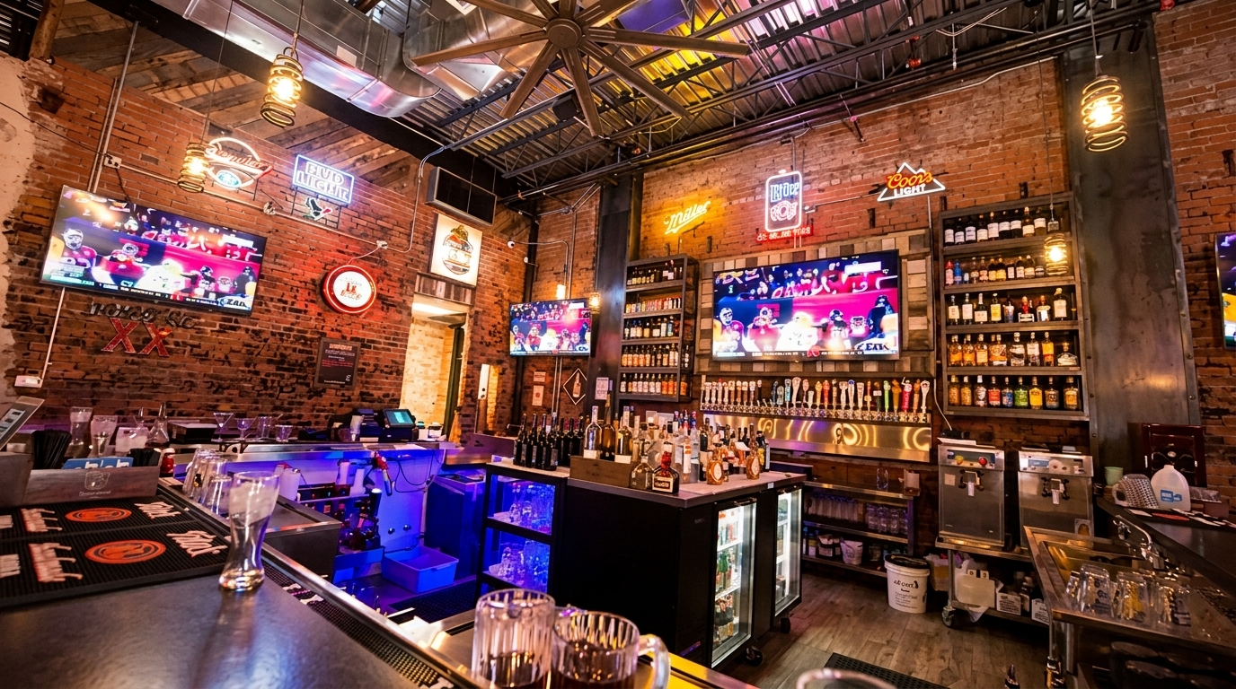 A lively bar interior with brick walls, multiple TVs showing sports, and a wide selection of drinks.