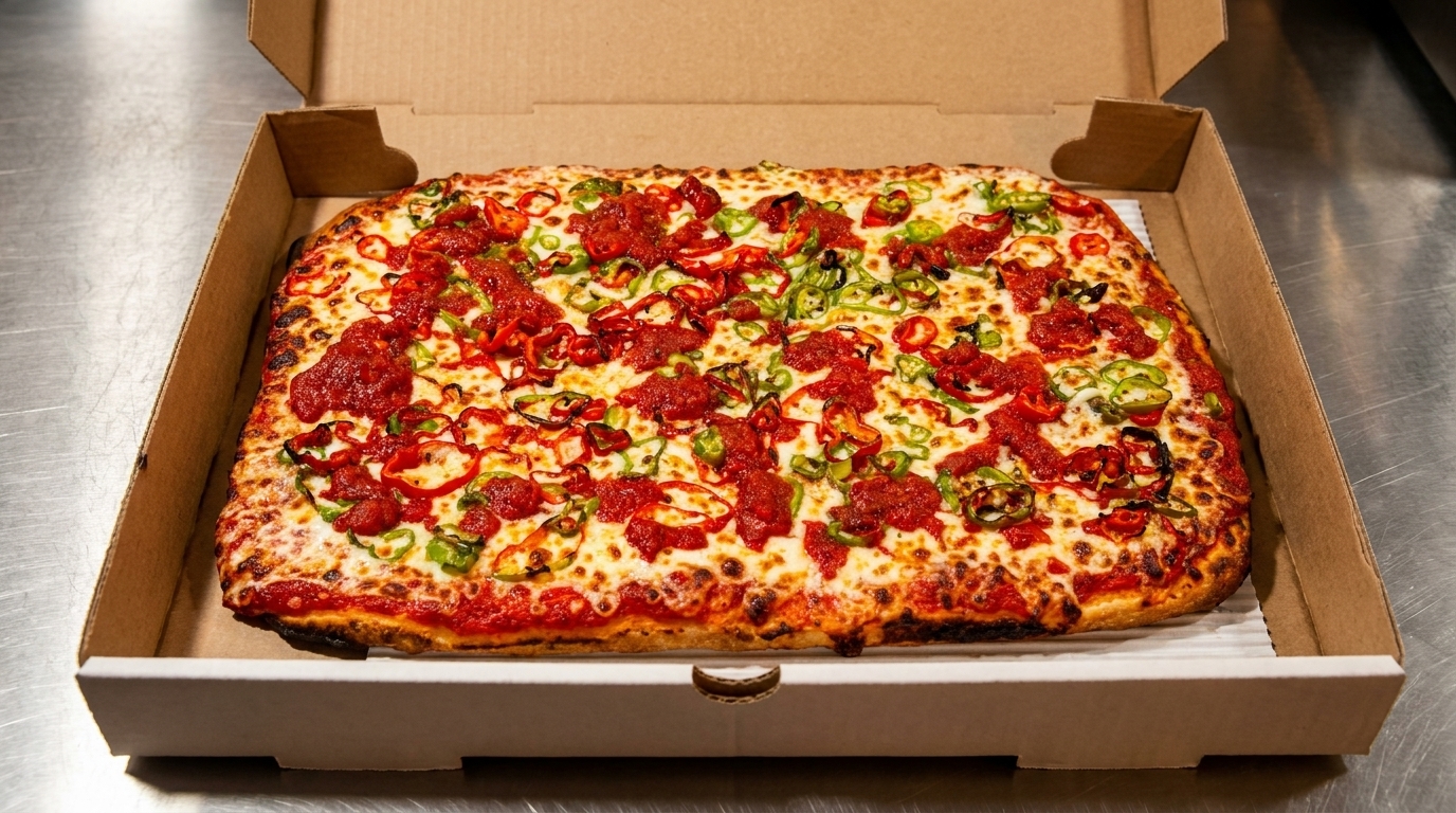 Rectangular pizza with red sauce, melted cheese, red and green peppers in a cardboard box.