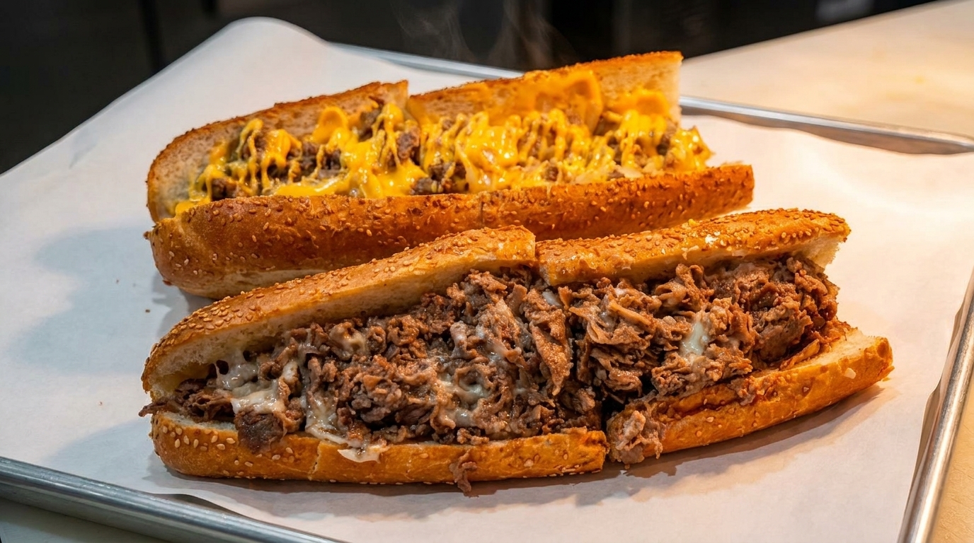Two steaming cheesesteak sandwiches, one with white cheese and one with yellow cheese, on a tray.