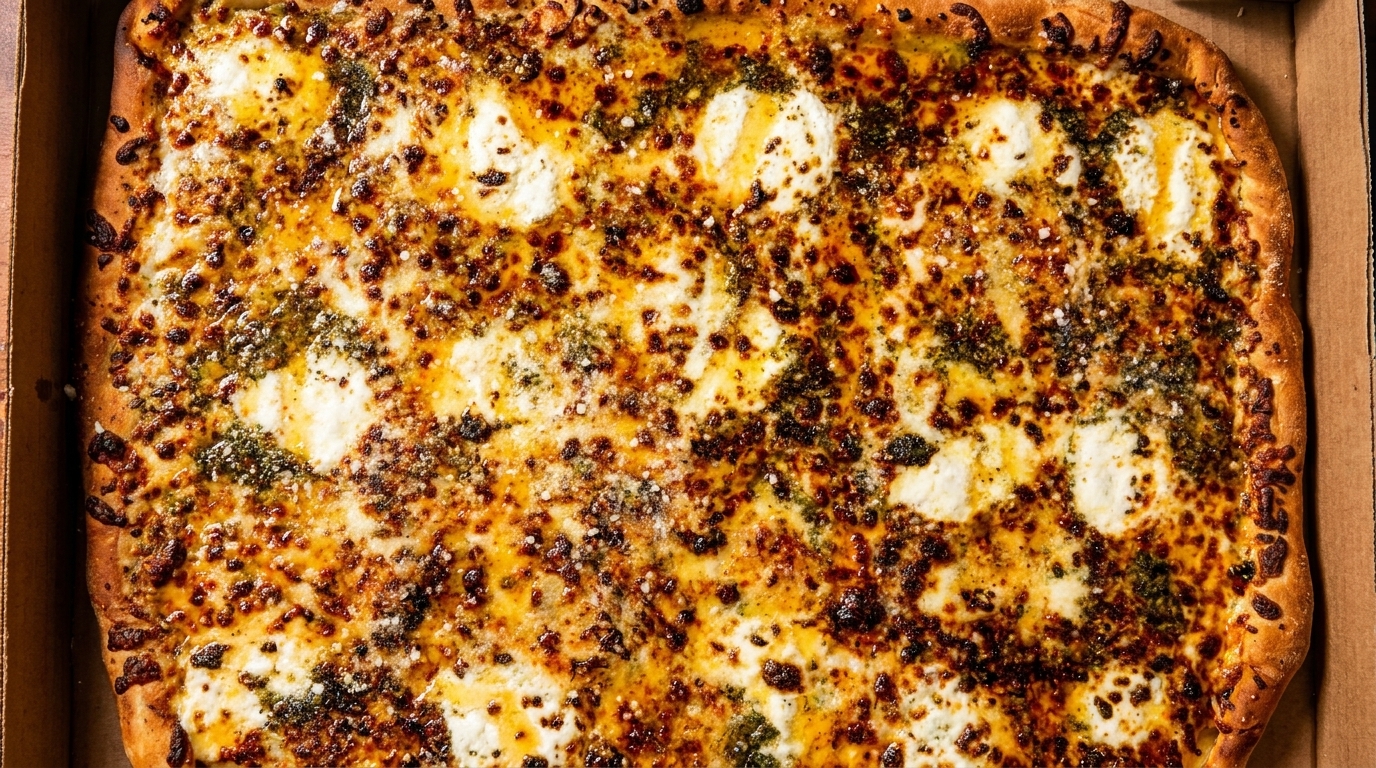 Close-up of a rectangular pizza with melted cheese, pesto, and a golden-brown crust in a cardboard box.