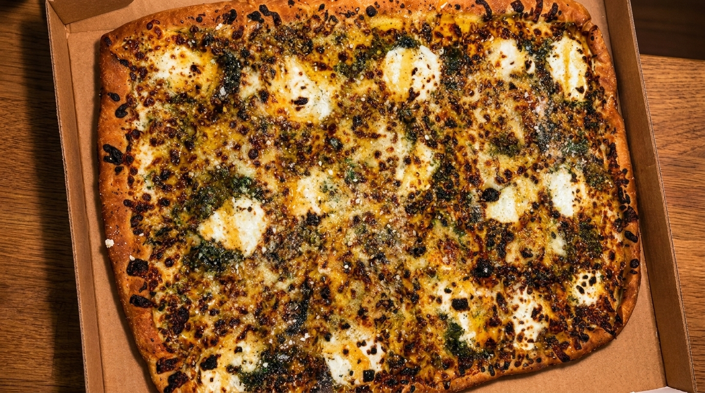 Rectangular pizza with melted cheese, pesto, and ricotta in a cardboard box on a wooden table.