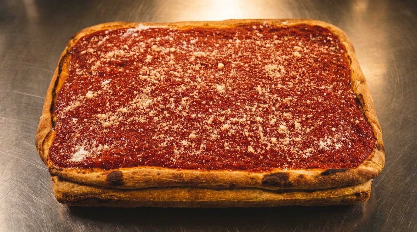 A rectangular deep-dish pizza with a thick red sauce and sprinkled Parmesan cheese on a metal surface.