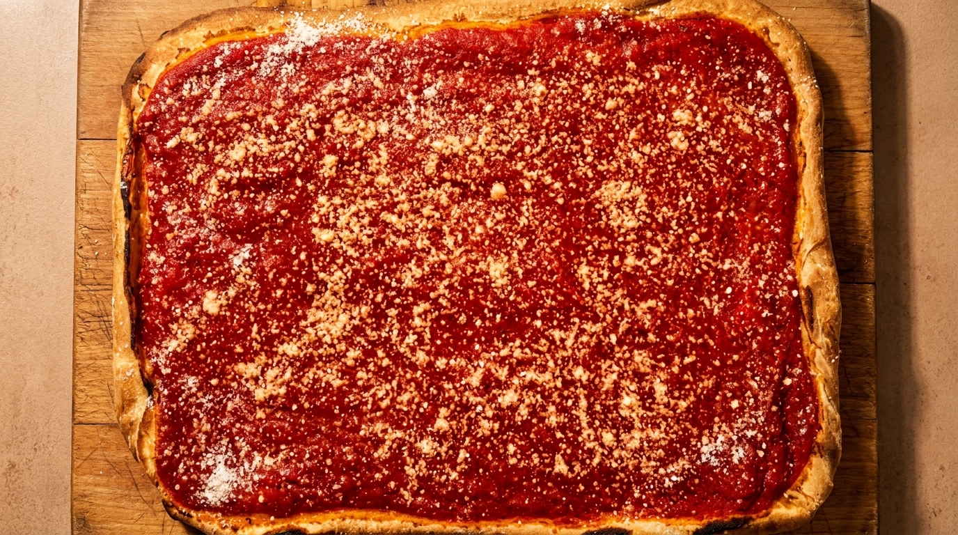 Rectangular deep-dish pizza with a thick red sauce and sprinkled with white cheese on a wooden board.