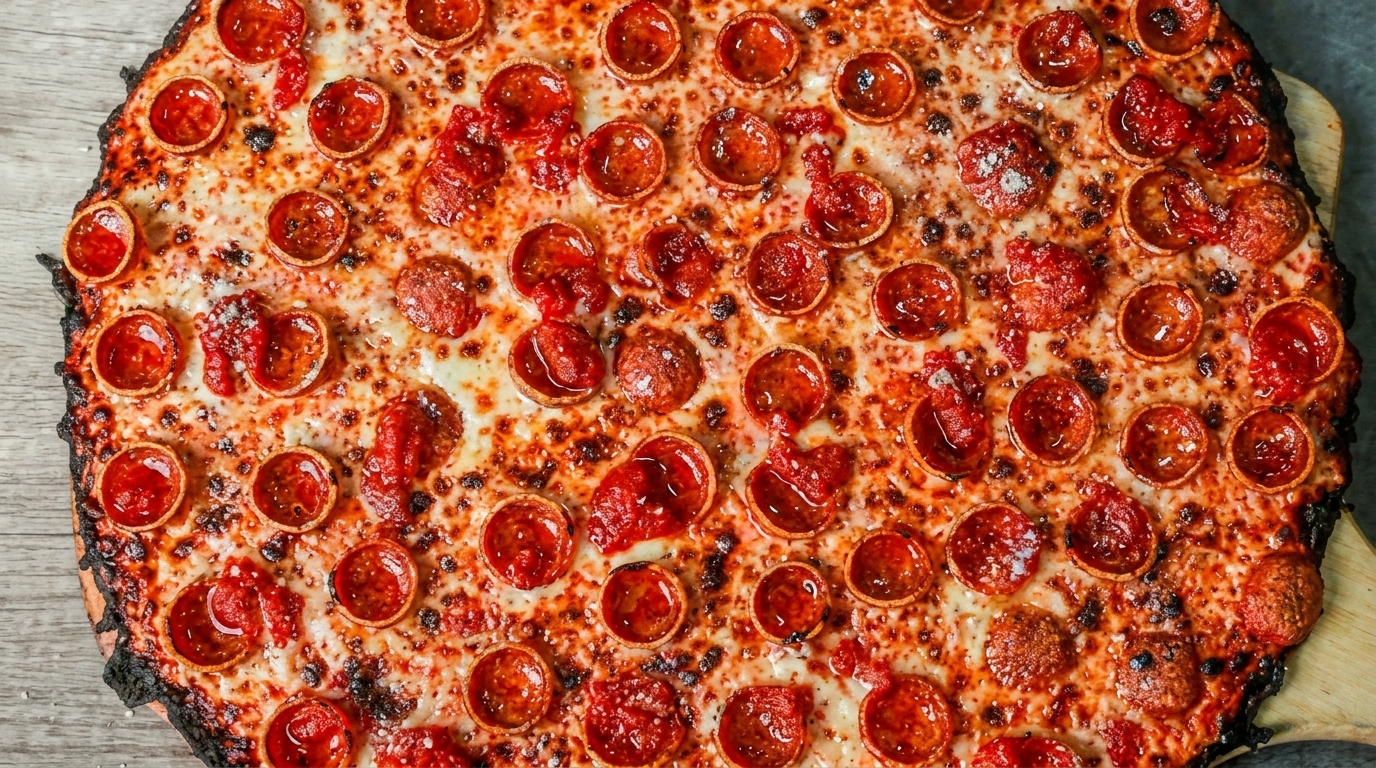Close-up of a large, round pepperoni pizza with a crispy, charred crust and melted cheese.