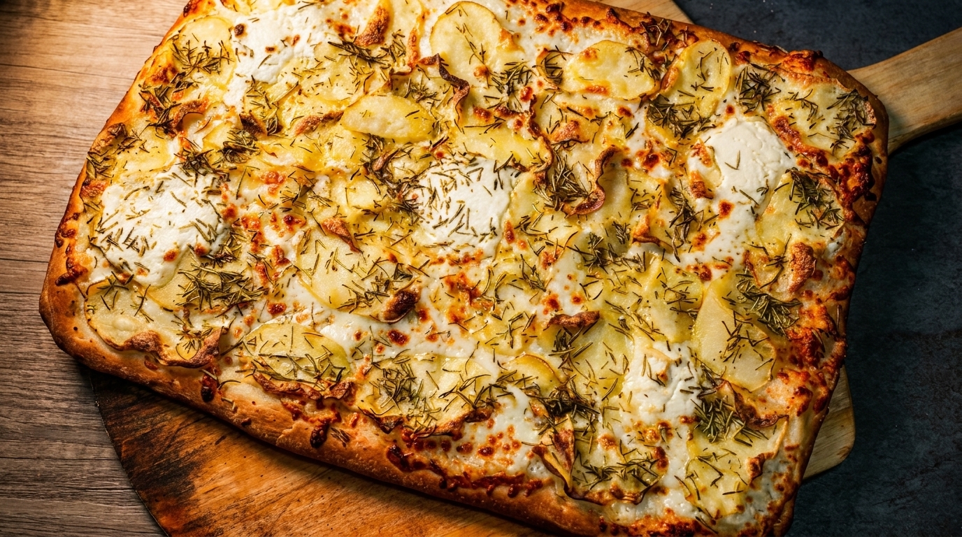 Rectangular potato and rosemary pizza with white cheese on a wooden peel.