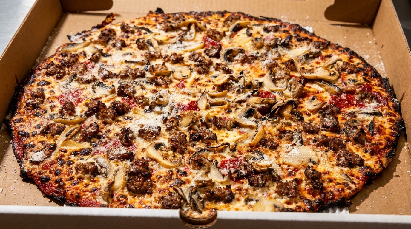 A large, round pizza with sausage, mushrooms, and cheese in a cardboard delivery box.