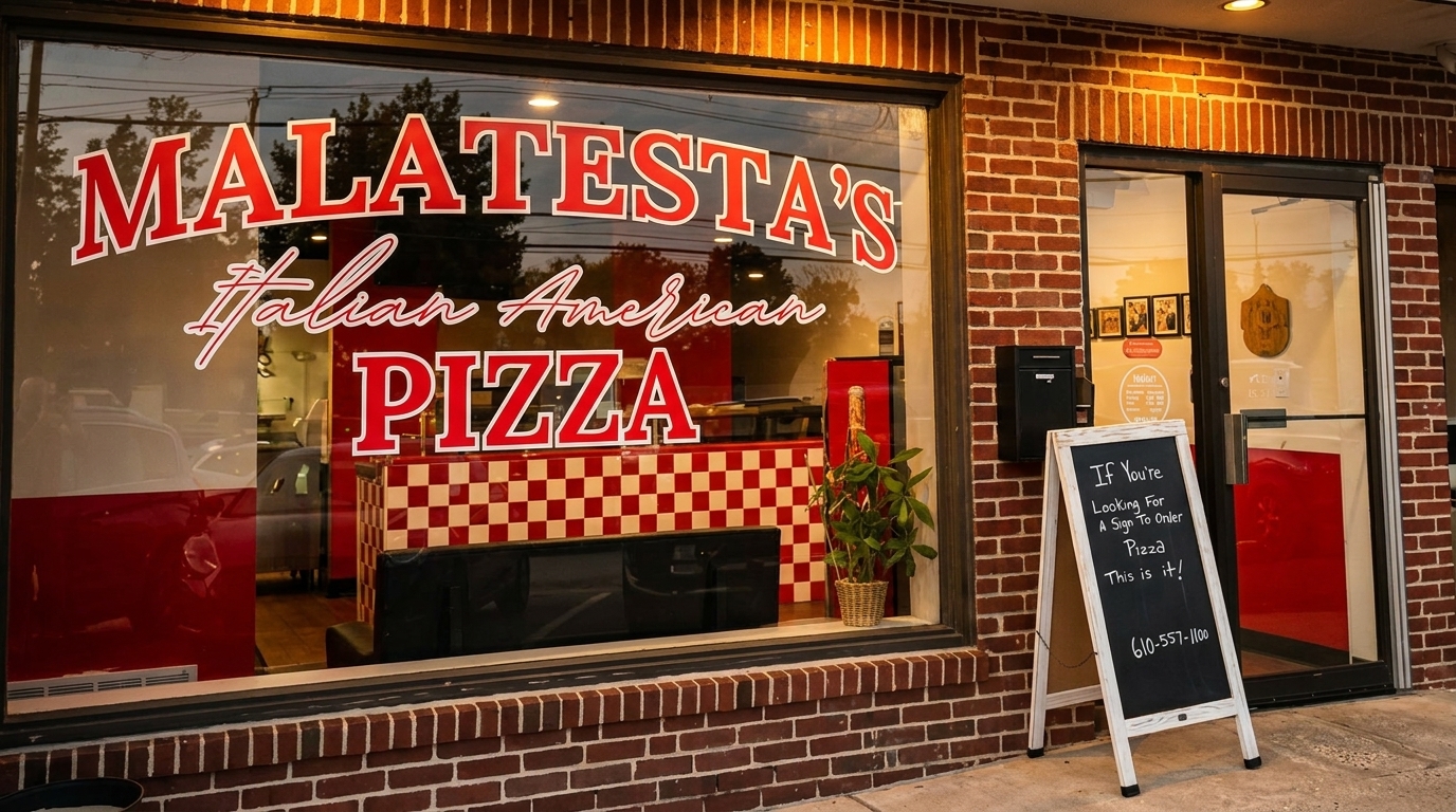 Malatesta's Italian American Pizza storefront with a red and white checkered counter visible through the window.
