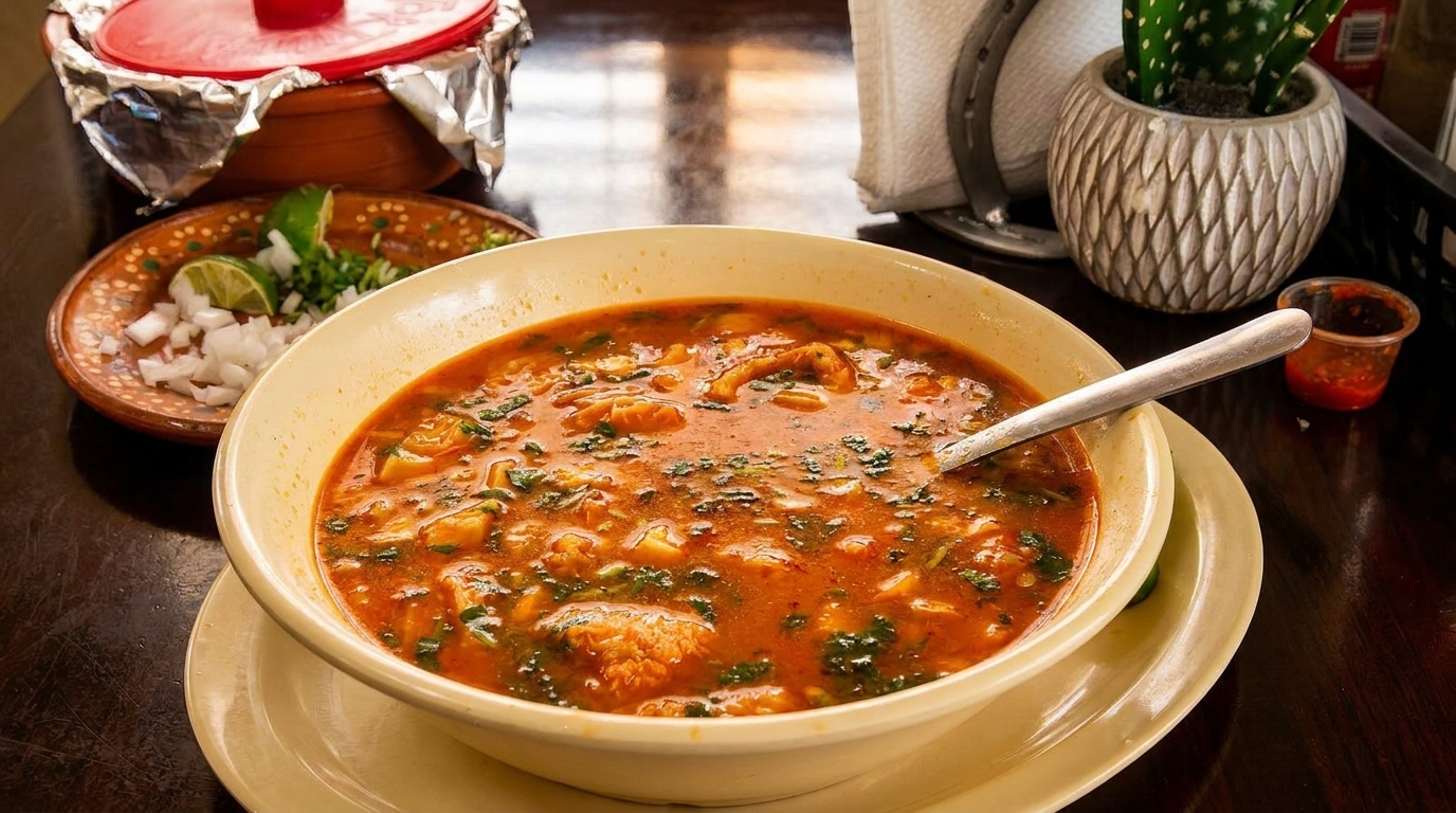 A bowl of menudo soup with a spoon, served with a side of chopped onions and limes.