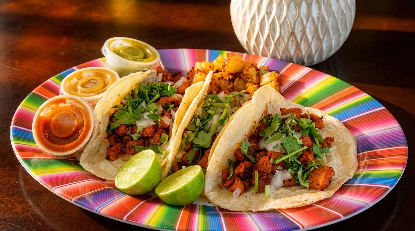Three al pastor tacos with cilantro, onions, lime, and a side of potatoes on a colorful plate.