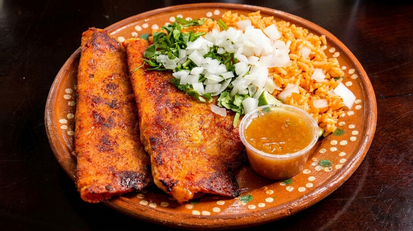 Two crispy red tacos with rice, cilantro, onions, lime, and salsa on a decorative plate.