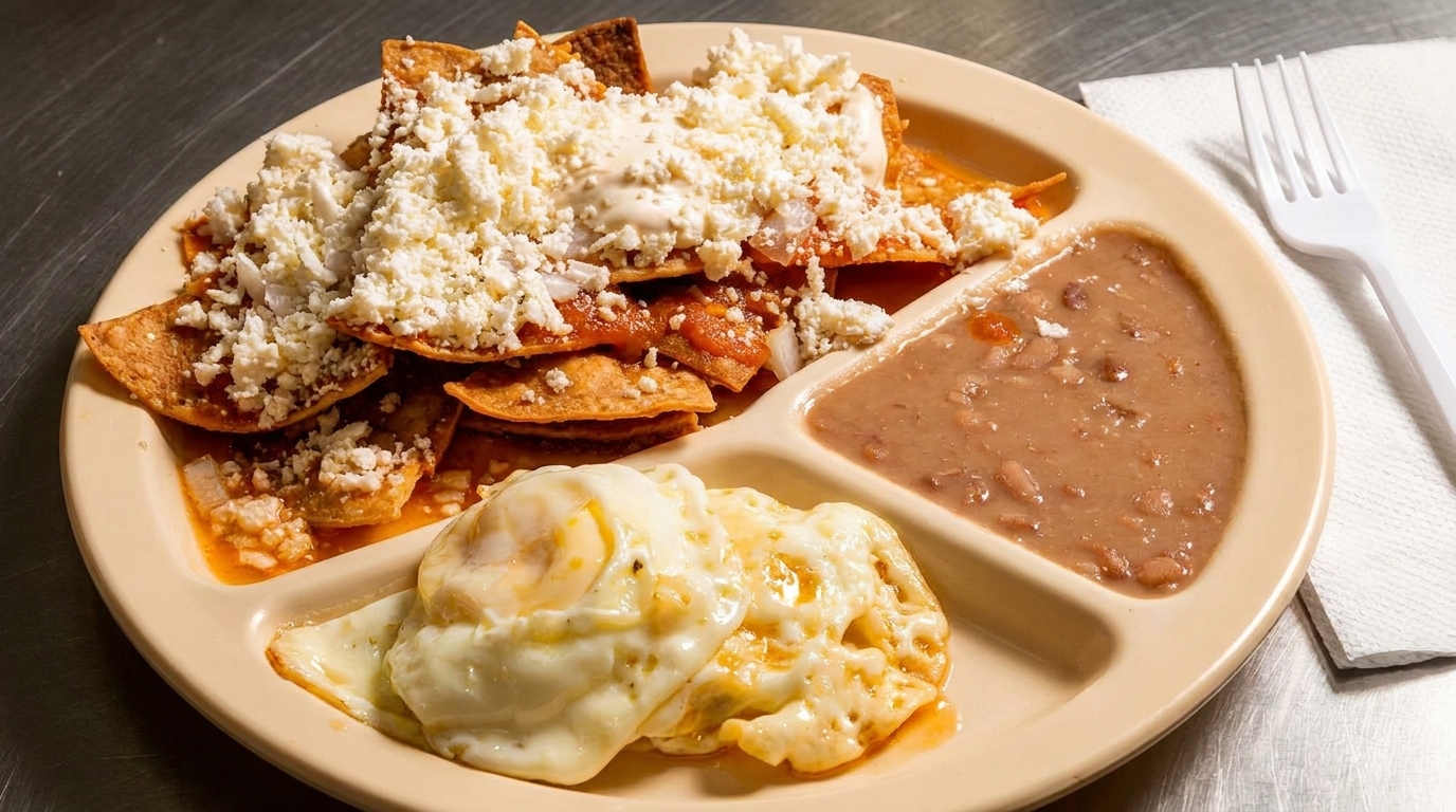 Chilaquiles with red sauce, crumbled cheese, two fried eggs, and refried beans on a divided plate.